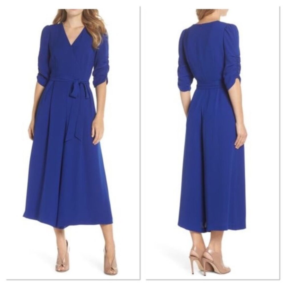 Eliza J Cobalt Blue Wide-Leg Cropped Jumpsuit – Ruched Sleeves | Size 6